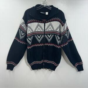 Blair Sweater Vintage Zip Front Cardigan Sweater Black White Red Pockets Size L